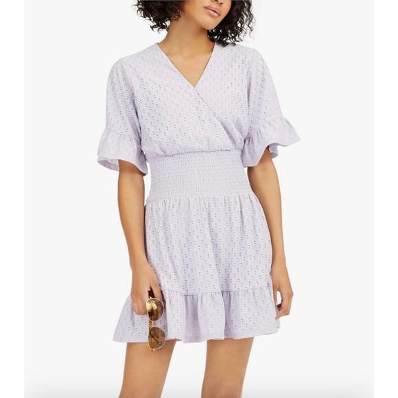 Michael Kors Purple Eyelet Faux Wrap Smocked Flutter Sleeve Mini Dress S - Picture 1 of 11